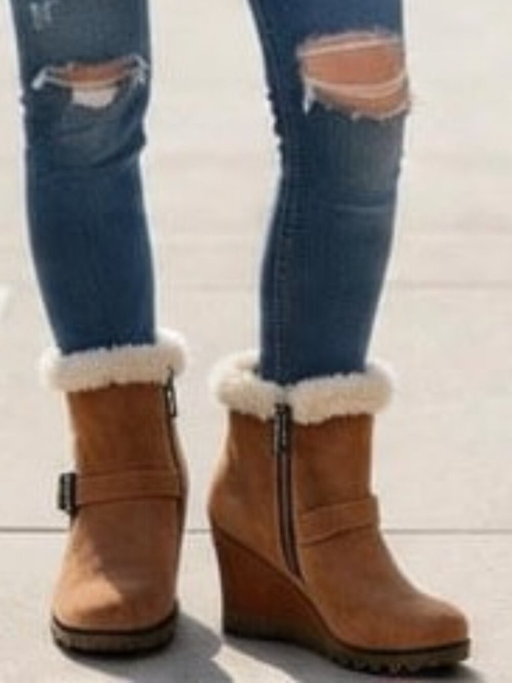 BJORNDAL Phedra Tan Suede Vegan Fur Ankle Wedge Boots